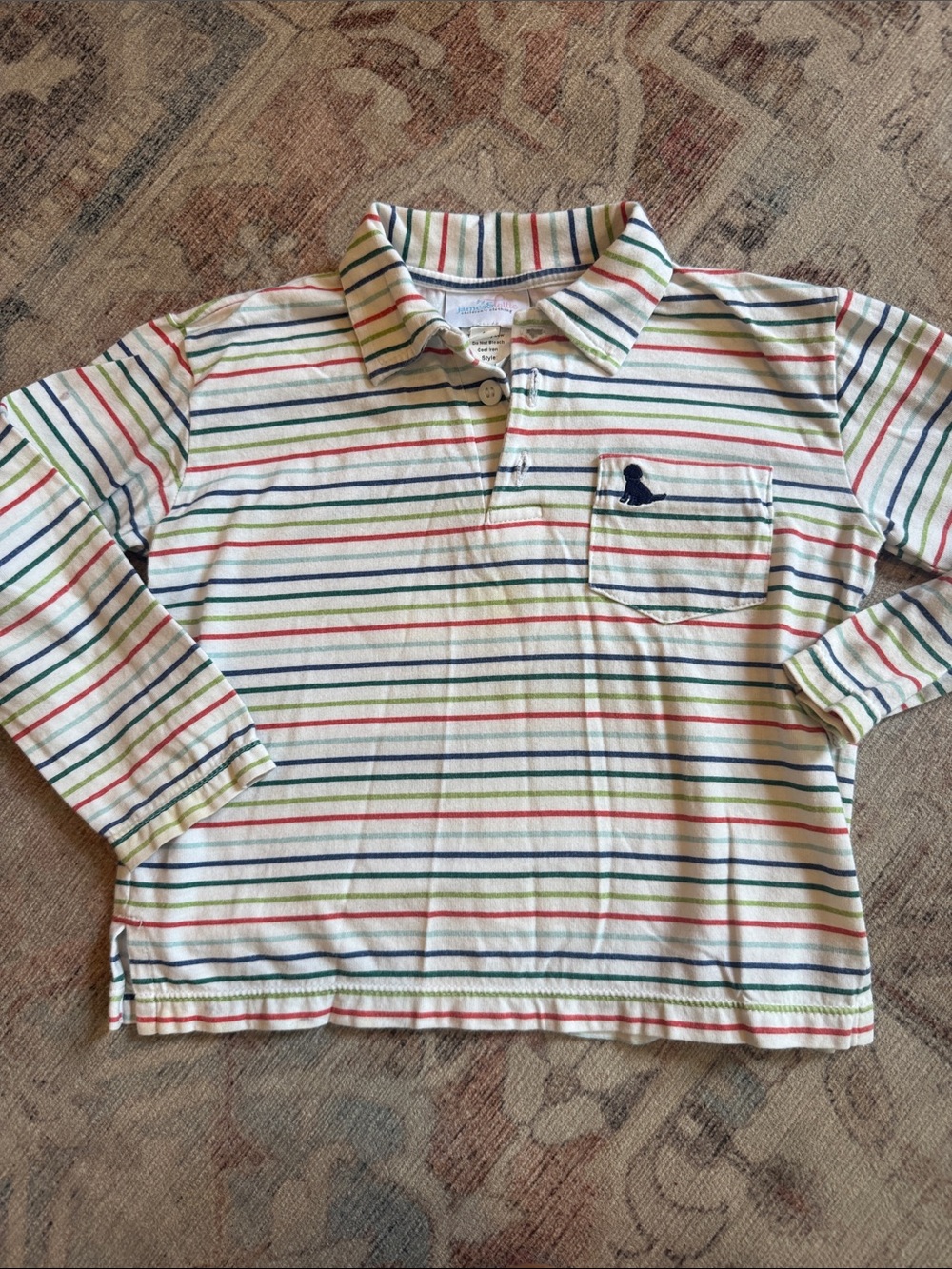 Long-Sleeve Striped Polo Shirt in White with Multi-Color Stripes